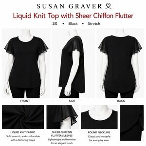 Susan Graver‎ Black Liquid Knit Tunic Top Chiffon Flutter Sleeve 3X A262999 NEW